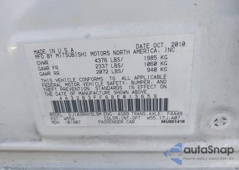 2011 Mitsubishi Galant Es/Se z USA, uszkodzony, nr VIN 4A32B3FF6BE013659